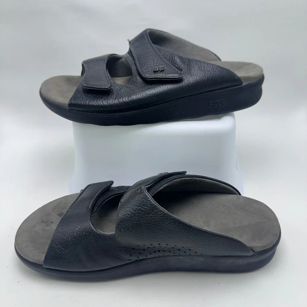 SAS Tripad Comfort Mens 9.5 W Black Leather Adjustable Slide Sandals USA Made